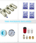 Heavy Duty Four Stage Compressed Air Dryer With Lightning Auto Drain Straight Up Built Tough package components including filters and gauge.