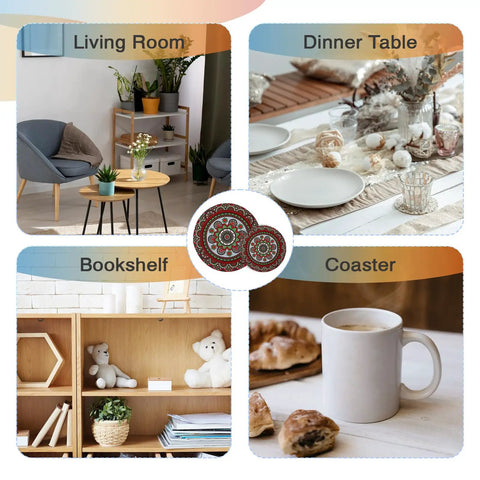 8 Pcs Boho Plant Coaster And Mat Set for Indoor And Outdoor Pots protecting tables and floors with round saucers shown in use.