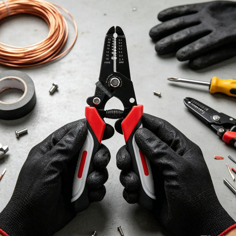 Heavy Duty Wire Stripper Pliers And Cutters, 6 Inches Long in hands of a user, designed for precision stripping and durable use.