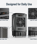 Heavy Duty Portable Evaporative Air Cooler With 9000 CFM Industrial Swamp Cooling And A 12 Gallon Tank with digital control panel and caster wheels.