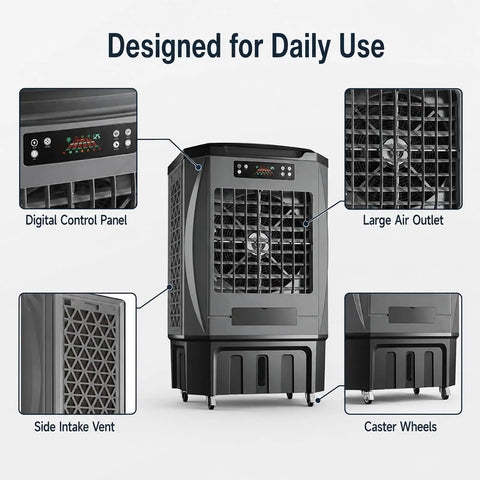 Heavy Duty Portable Evaporative Air Cooler With 9000 CFM Industrial Swamp Cooling And A 12 Gallon Tank with digital control panel and caster wheels.