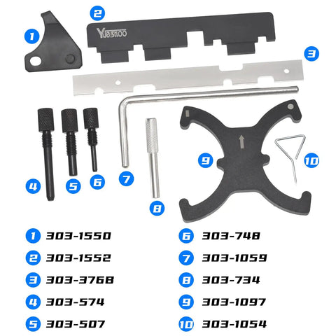 Must Have Engine Camshaft Belt Timing Locking Tool Kit For Ford Fusion Escape Focus Fiesta Mazda with 10 pieces and codes visible