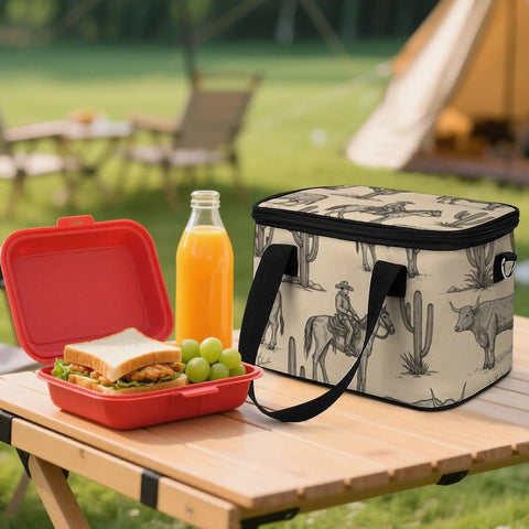 Insulated Lunch Box For Work And On The Go With Leakproof Construction and Removable Shoulder Strap on picnic table, cowboy design
