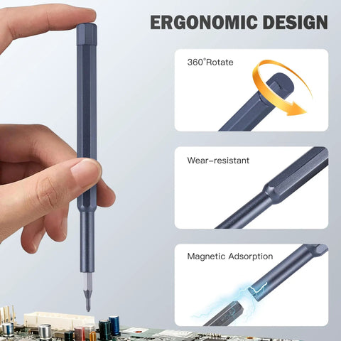 Hand holding Pro Grade All In One 25in1 Precision Screwdriver Set With Magnetic Mini Repair Kit, showing ergonomic design features