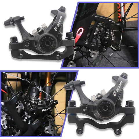 Hardcore Mechanical Mountain Bike Disc Brake Caliper Kit paired with steel rotors, showing detailed aluminum alloy housing and fittings.