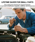 Mechanic uses 3 In 1 Magnetic Pickup Set With 15 Lb Telescoping Retriever on car engine, aiding part retrieval in tight spots.