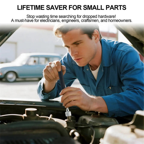 Mechanic uses 3 In 1 Magnetic Pickup Set With 15 Lb Telescoping Retriever on car engine, aiding part retrieval in tight spots.