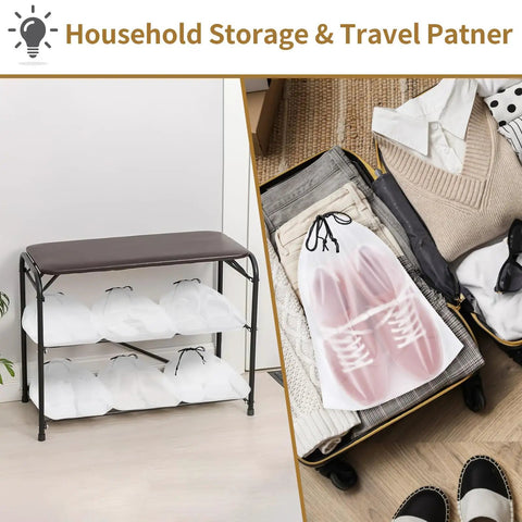 20 Pack Clear Travel Shoe Bags With Drawstring Large 15.7 By 11.8 Inches Waterproof See Through Storage on shelf and suitcase