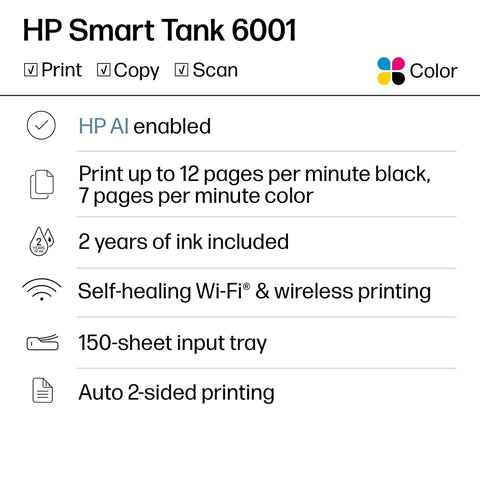 Features list for HP Smart Tank 6001 printer including print, copy, scan, AI-enabled, 2 years of ink, self-healing Wi-Fi, and more.