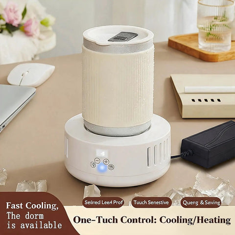 Dual Zone Cup Cooler And Warmer Keeps Your Drinks Totally Chilling Or Scorching Hot Year Round Electric Desk Beverage Station Perfect For Coffee Or Soda With Us Plug placed on desk with a can.