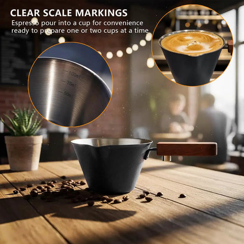 Stainless Steel Espresso Shot Cup With Built In Scale For Precise Measuring In Milliliters And Ounces Dual Scale Wide Mouth With V Shaped Pour Spout A Handy Must Have For Latte Americano Cappuccino Creations in a café setting