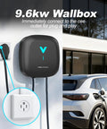 Fast Level 2 EV Charger Wall Mount 9.6KW 40 Amp with NEMA 14-50 Plug connected to a white outlet, charging a vehicle.