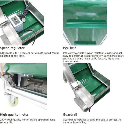 Electric PVC Belt Climbing Conveyor Built Tough For Industrial Use, 110V Power, showing speed regulator, PVC belt, motor, guardrail