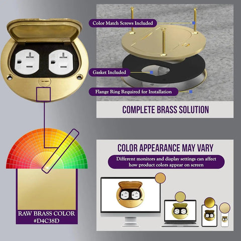 Brass Flip Lid Floor Box Cover 4 Inch Diameter With 20A Tamper Weather Resistant Duplex Receptacle And Watertight Gaskets UL Listed