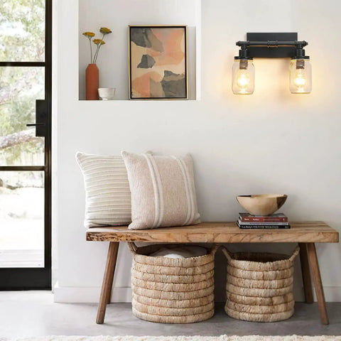 Industrial Mason Jar Vanity Lights 2 Pack With Clear Glass Shades Gold And Black Farmhouse Wall Sconces Over Mirror for living room.