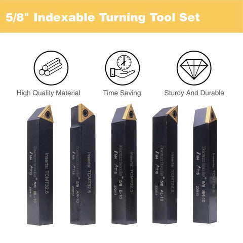 5/8 Inch Indexable Turning Tool Set With TCMT Carbide Inserts, 5 Piece Lathe Tool Kit For Metalworking, side view display