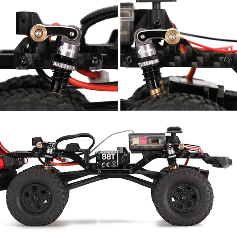 CNC Aluminum Shock Flex Blades For SCX24 1 24 RC Crawler Upgrade on model with visible shock mounts and rails
