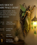 Fairy Lamp Vintage Wall Sconce, Hand-Painted Wing Design Dimmable, green on ornate backplate with easy-mount instructions.