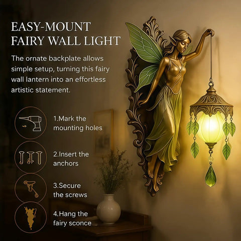 Fairy Lamp Vintage Wall Sconce, Hand-Painted Wing Design Dimmable, green on ornate backplate with easy-mount instructions.