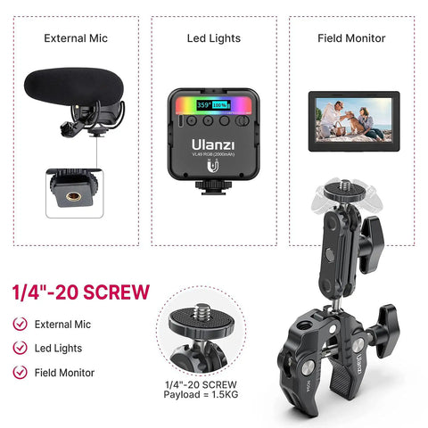 Rock-Solid Pro Grade Camera Clamp Mount with 360 Degree Ballhead, Magic Arm, and Double Ball Head Adapter next to external mic, LED lights, and field monitor setup.
