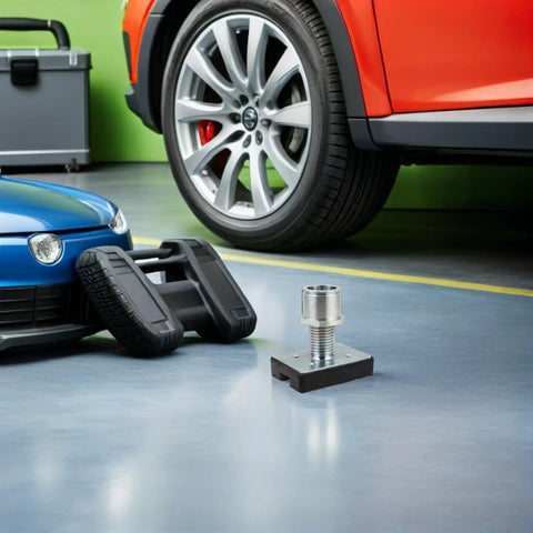 Heavy Duty Rubber Lift Tray Pad With Enhanced Load Distribution And Wear Resistance For Car Shops Off Road Gear And Heavy Maintenance Tasks featuring alloy steel base shown on garage floor.