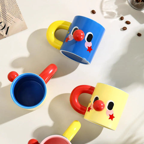 Clown Face Ceramic Mug 10 Oz Yellow Coffee Cup With Blue Interior And Red Handle Fun Morning Wakeup Gift For Coffee Lovers