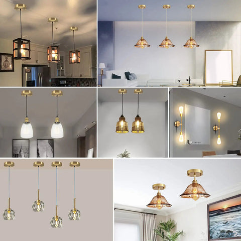 Various installations of Gold Light Canopy Kit 4.7 Inch Pendant Chandelier Ceiling Plate in modern home settings.