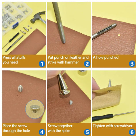 Rock Your Edge With This Kickass 150 Piece Punk Spike Rivet Kit featuring a step-by-step guide on applying zinc alloy cone studs.