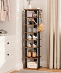 8-Tier Vertical Wooden Shoe Rack With Hooks Space Saving Narrow Shoe Tower That Holds 8 Pairs For Entryway Living Room And Bedroom In Rustic Brown Finish For Clutter Busting No-Nonsense Organization