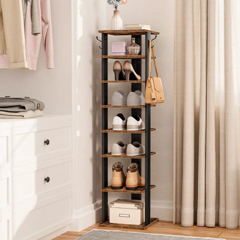 8-Tier Vertical Wooden Shoe Rack With Hooks Space Saving Narrow Shoe Tower That Holds 8 Pairs For Entryway Living Room And Bedroom In Rustic Brown Finish For Clutter Busting No-Nonsense Organization