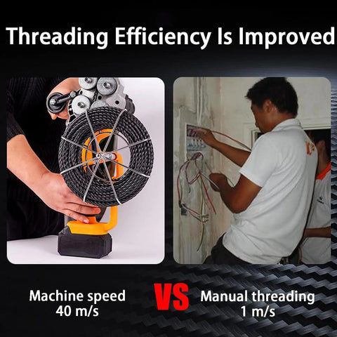 Job Ready Cordless Wire Threading Machine With Twin Batteries And Infinite Speed Tweaks For Zero Sweat Conduit Pulling Electrical Runs And Quick Reno Grind Sessions showing machine vs manual threading speed.