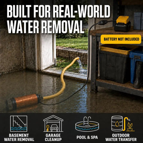 No Sweat Cordless Fluid Transfer Pump Tool Only Compatible With DeWalt 20V Tools Using Secure Adapter 635 GPH in flooded area for water removal.
