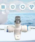 Needle valve 1/4-inch water flow regulator, white plastic body, knurled metal adjustment knob, front view