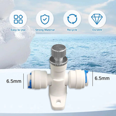 Needle valve 1/4-inch water flow regulator, white plastic body, knurled metal adjustment knob, front view