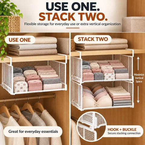 2 Pack Underwear Closet Organizer With Under Shelf Hanging Baskets, white mesh bins storing folded bras and socks, stackable design.