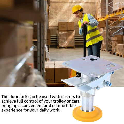 Heavy Duty Floor Lock For Carts With Adjustable Height Trolley Brake in warehouse setting with TPU pad for stability on 3 inch casters.