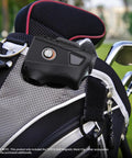 Heavy Duty Steel Belt Clip For Magnetic Golf Rangefinders And Accessories on golf bag with rangefinder attached