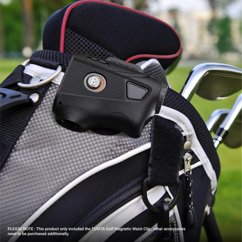 Heavy Duty Steel Belt Clip For Magnetic Golf Rangefinders And Accessories on golf bag with rangefinder attached