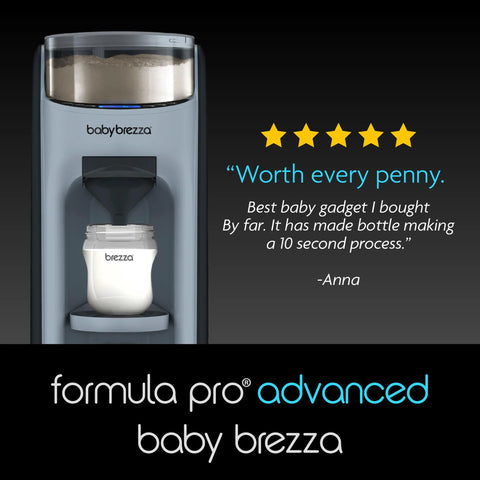 Baby Brezza Formula Pro Advanced formula dispenser in slate, front view with powder canister and bottle