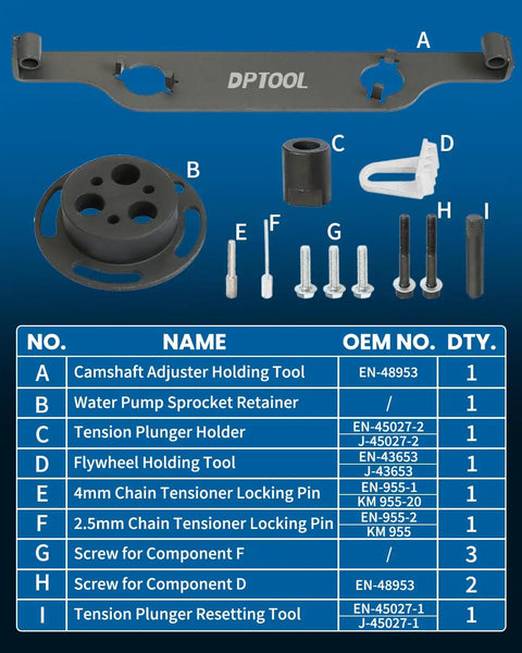 Camshaft Actuator Locking Timing Tool Kit For GM Ecotec 2.0 2.4 with parts list, includes cam phaser retainer and sprocket holder