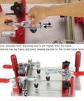 Hands adjusting coping sled for router table and carpentry aluminum alloy build with quick install and pro grade high security clamp