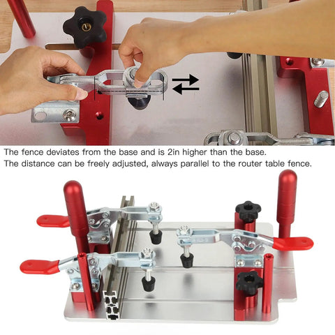Hands adjusting coping sled for router table and carpentry aluminum alloy build with quick install and pro grade high security clamp