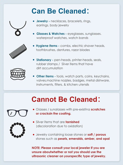Chart showing items that can be cleaned with Deep Clean Ultrasonic Retainer Cleaner All In One 45kHz Power and those that cannot