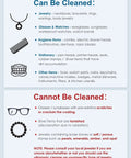 Chart listing items that can and cannot be cleaned with Ultrasonic Retainer Cleaner Machine For Dentures Mouth Guards Aligners.