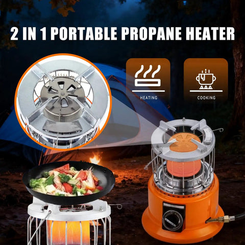 Go To All In One Propane Heater And Stove Portable with 6 ft regulating valve, dual function for camping and emergency use