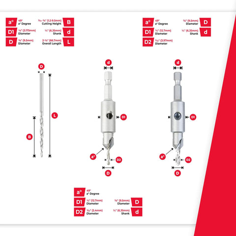 Dimensions and specifications of Carbide Tipped Countersink Drill Bit Set With Ball Bearing Guide AMS-628 6-Piece.