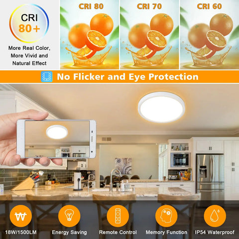 Dimmable LED Flush Mount Ceiling Light With Remote Control Dope Color Changing 3000K-6000K, in kitchen setting with remote display.