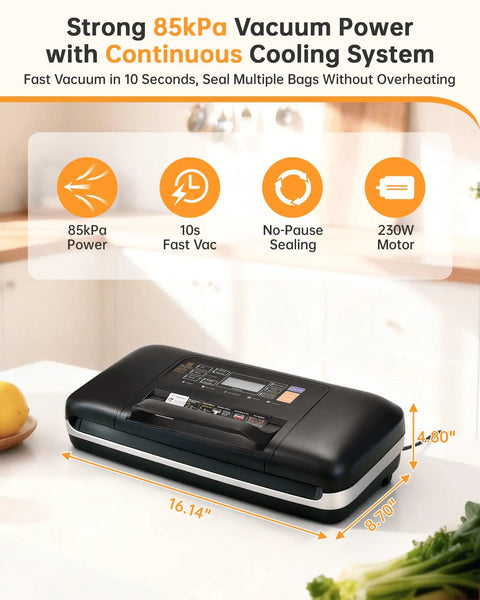 Heavy Duty Vacuum Sealer Machine With 85KPa Suction shown on kitchen counter, black design, dimensions highlighted