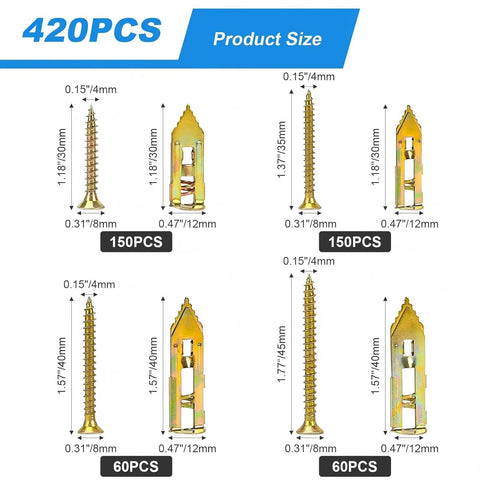 Detailed sizes of screws and anchors from All In One 420 Piece Drywall Anchors Kit With Self Drilling Metal Plugs Holds Up To 80 Lb Two Anchor Sizes Four Zinc Screw Sizes Drill Bit And Wrench Included No Fuss Quick Install For Picture Hanging On Gypsum Board And Walls