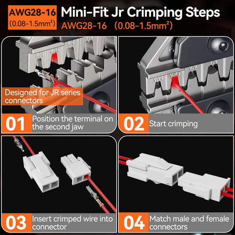Instructions for using Mini-Fit Jr Crimping Kit Pro Grade With 12 Connector Types 2-10 Pin Molex 4.2mm, AWG 28-16 Terminals, Crimping Pliers